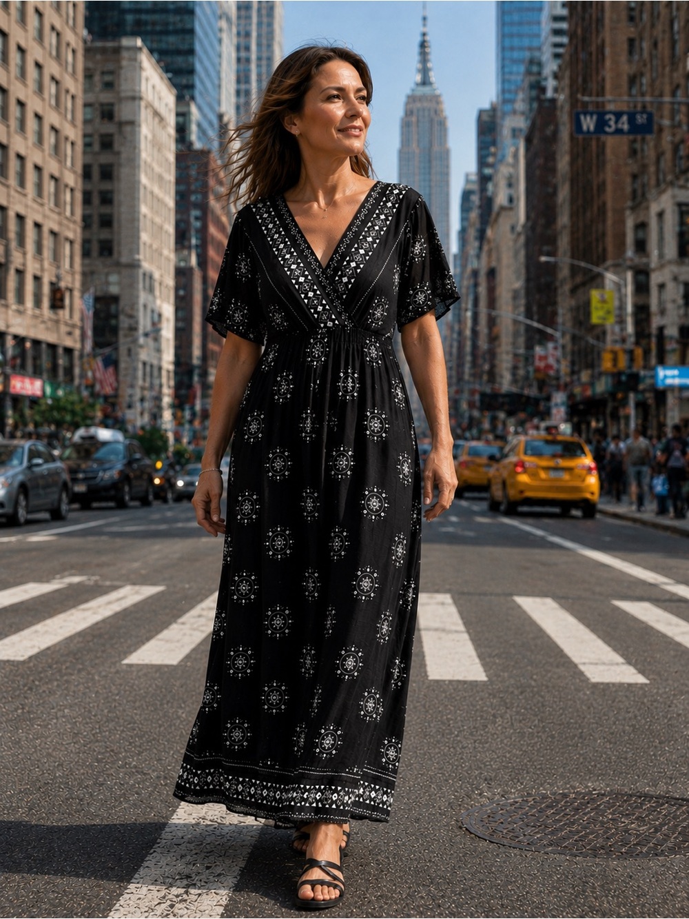 Black V-Neck Boho Maxi Dress with White Print